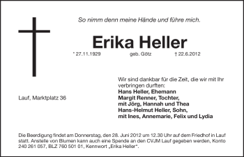 Traueranzeige von Erika Heller von Pegnitz-Zeitung